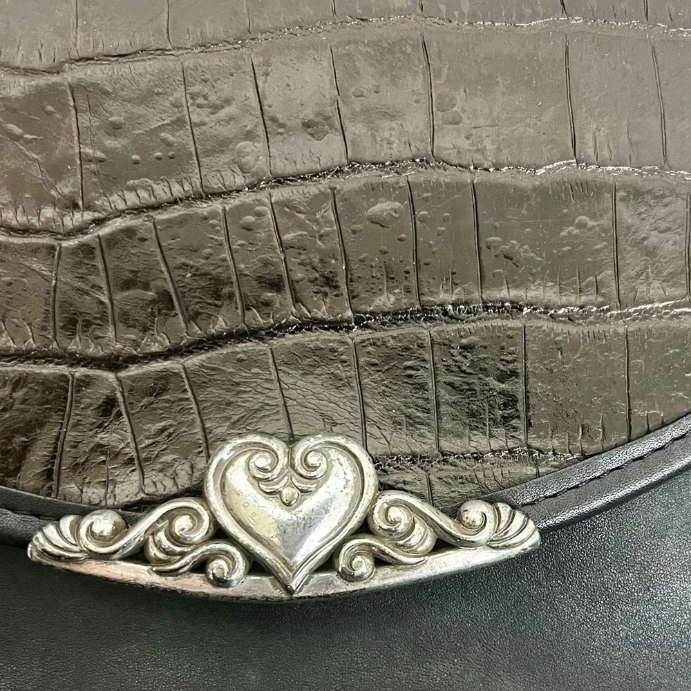 Brighton Black Leather Croc Crossbody Purse Handbag/Side Pocket Outside & Inside - Picture 6 of 11